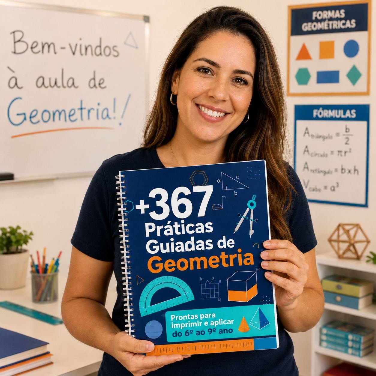 Professora segurando a capa das +367 Práticas Guiadas de Geometria